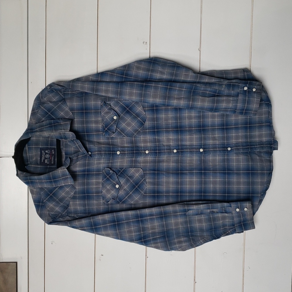 American Eagle Men's Pearl Snap Plaid‎ Buttoned Down Shirt Blue Gray XXL